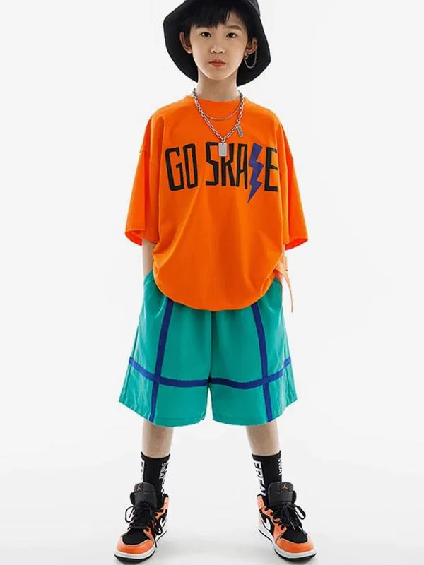 Hip Hop Dance Costumes Kid's Orange Unisex Top Pants Set Hip Hop Cotton Street Dancing Costume